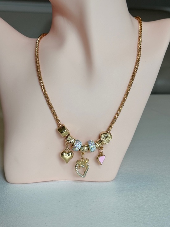 Anthropologie Jewelry - Gold-Tone Heart Charm Necklace with Pink Accent Beads